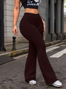 Plus Size Women's High Waist Solid Color Bell Bottom Sports Yoga Pants Compression Tights Running Workout Bottoms - Dark Brown - View 2