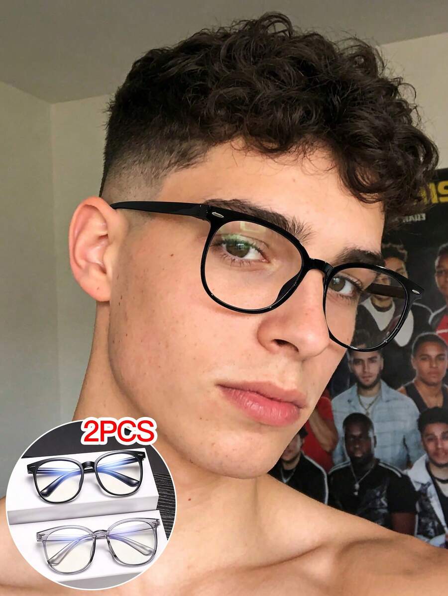 2 PCS Men's Square Large-Frame Glasses Frame Transparent And Clear Lenses Snug Fit With Pressure-Free Comfort Casual Style For Daily Office With Glasses Box - Multicolor - View 1