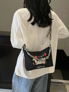 Bolso de hombro mini con bordado de perro salchicha, bolso cruzado casual y versátil, bolso diario para estudiantes - Negro - Ver 3