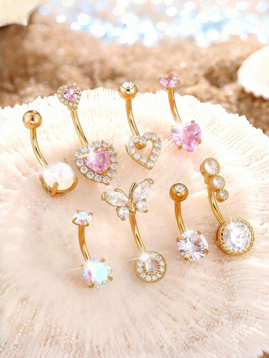 4pcs 14G Belly Button Rings Surgical Stainless Steel Round, Heart, Butterfly Cubic Zirconia Elegant Navel Barbell Stud Body Piercingm 10mm - Multicolor - View 1