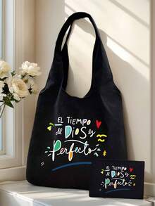 印花帆布手提袋，饰有“El-Tiempo”彩色图案，便携休闲收纳手提包，多功能购物袋，简约旅行收纳袋，大容量旅行化妆包，全新设计，空间宽敞，是购物、婚礼、生日、海滩、度假、返校的理想之选。 - 彩色 - 查看 2