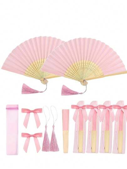 20pcs/4pcs Set Wedding Folding Fans, Suitable For Wedding Party Decor, Pink Bow Tassel Fans, Transparent Mesh Bag, Bridal Party Favors, Bridesmaid Photo Props, Birthday Party Gifts, Summer Events