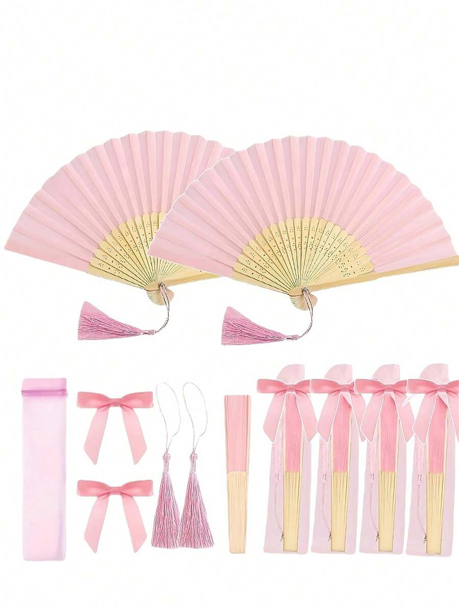 20把/4把套装婚礼折扇，适合婚礼派对装饰，粉色蝴蝶结流苏扇，透明网袋，新娘派对回礼，伴娘拍照道具，生日派对礼物，夏季活动 - 多色 - 查看 1