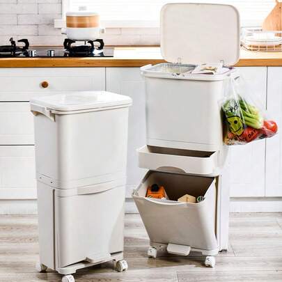 38L 42L Mobile Recycling Waste Bin Kitchen Living Room Office Rubbish Trash Can 2/3 Tier Dry Wet Garbage Sorter Dustbin