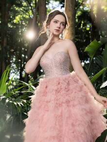 Faeriesty Elegante abito da sera senza spalline con scollo a cuore impreziosito da cristalli, vita aderente e gonna plissettata lunga a linea A, adatto per balli, lauree e occasioni serali, rosa per matrimoni primaverili/estivi - Rosa - Visualizzare 8