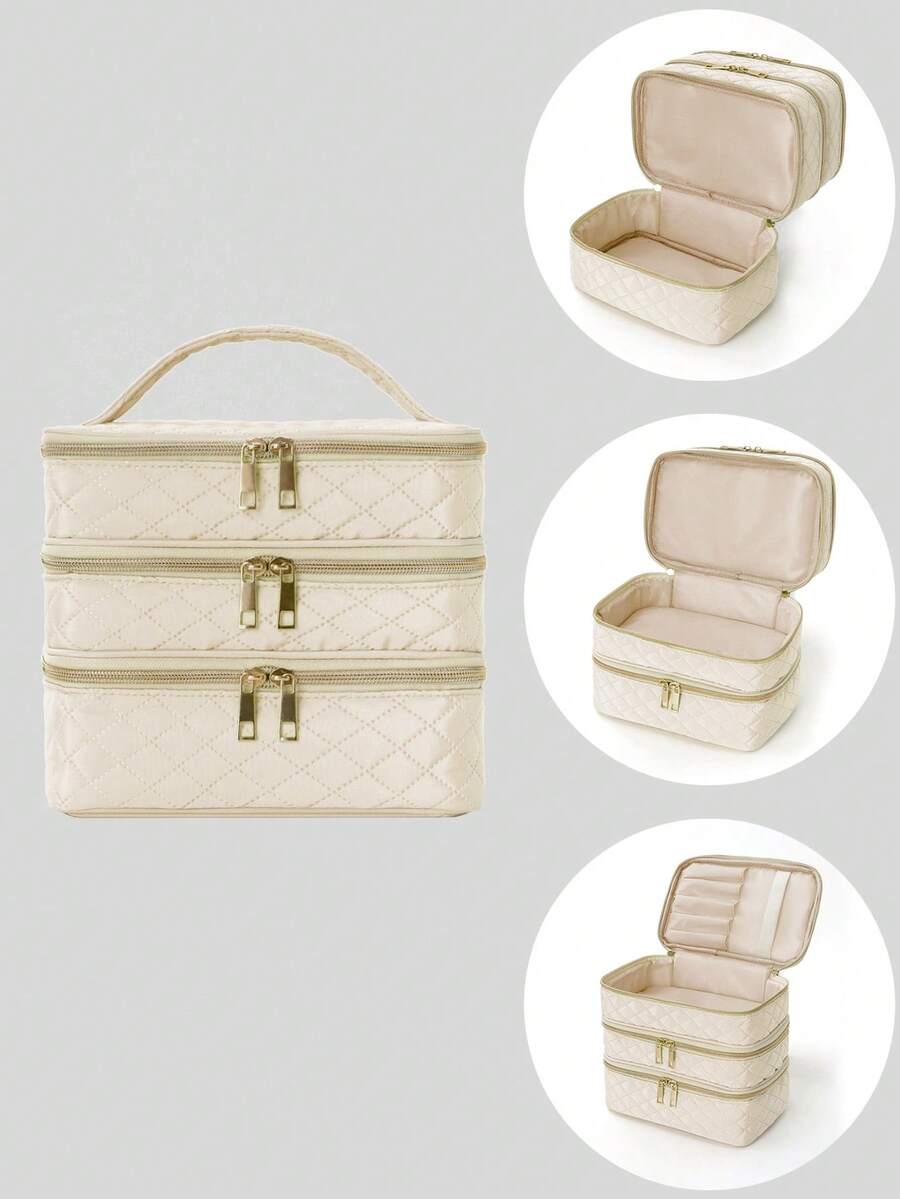 1个纯色极简化妆包，绗缝衬垫，女士旅行、宿舍必备，可折叠便携化妆包，三层大容量，母亲节礼物，旅行必备，大容量旅行化妆包，多功能，节日必备化妆品收纳包，洗漱包，化妆收纳袋，化妆包，洗漱旅行包，度假必备，女士旅行礼物 - 卡其色 - 查看 1