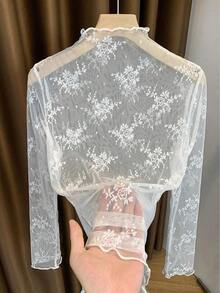 2025 New Lace Mock Neck Layering Sheer Mesh Long Sleeve Undershirt For Women, Spring/Summer/Autumn - màu nâu - Xem 2