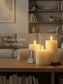 3pcs Rechargeable LED Candle Lights With Remote Control And Timer, Plastic Pillar Design, Suitable For Home Decor, Wedding, Table Centerpiece - White - View 5