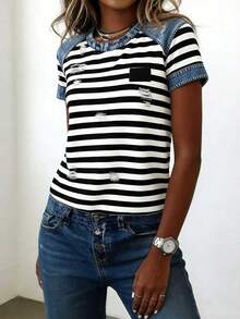 Women's Fashion Loose Casual Contrast Striped Denim Style Short Sleeve Shirt Summer - Multicolor - View 4