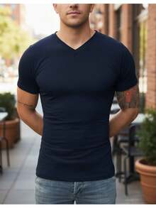 Men's V-Neck Slim Fit Short Sleeve T-Shirt With Elastane - 深藍色 - 查看 3