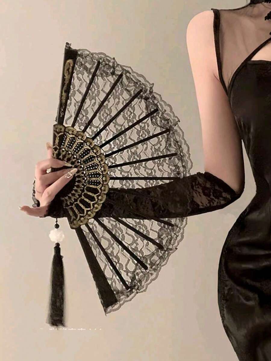 1件復古法式蕾絲流蘇摺疊扇，時尚便攜夏季舞蹈配件 - 蕾絲扇 - 查看 1