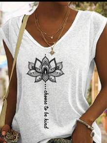 Women's Basic Printed Tank Top - "Lotus Flower" Style, Sleeveless, Round Neck, 100% Cotton, Spring/Summer Fashion - trắng - Xem 2