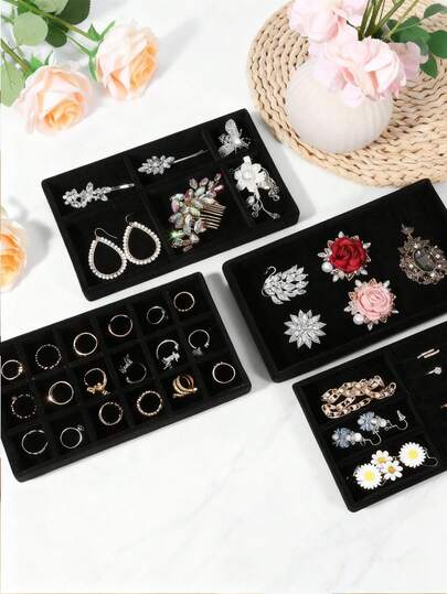 1-4pcs Velvet Jewelry Display Trays, Jewelry Storage Box, Necklace Earring Ring Jewelry Organizer Tray, Stackable Jewelry Stand Tray, Cosmetic And Display, Suitable For Rings, Holiday Beach Bathroom Bedroom, Large Capacity