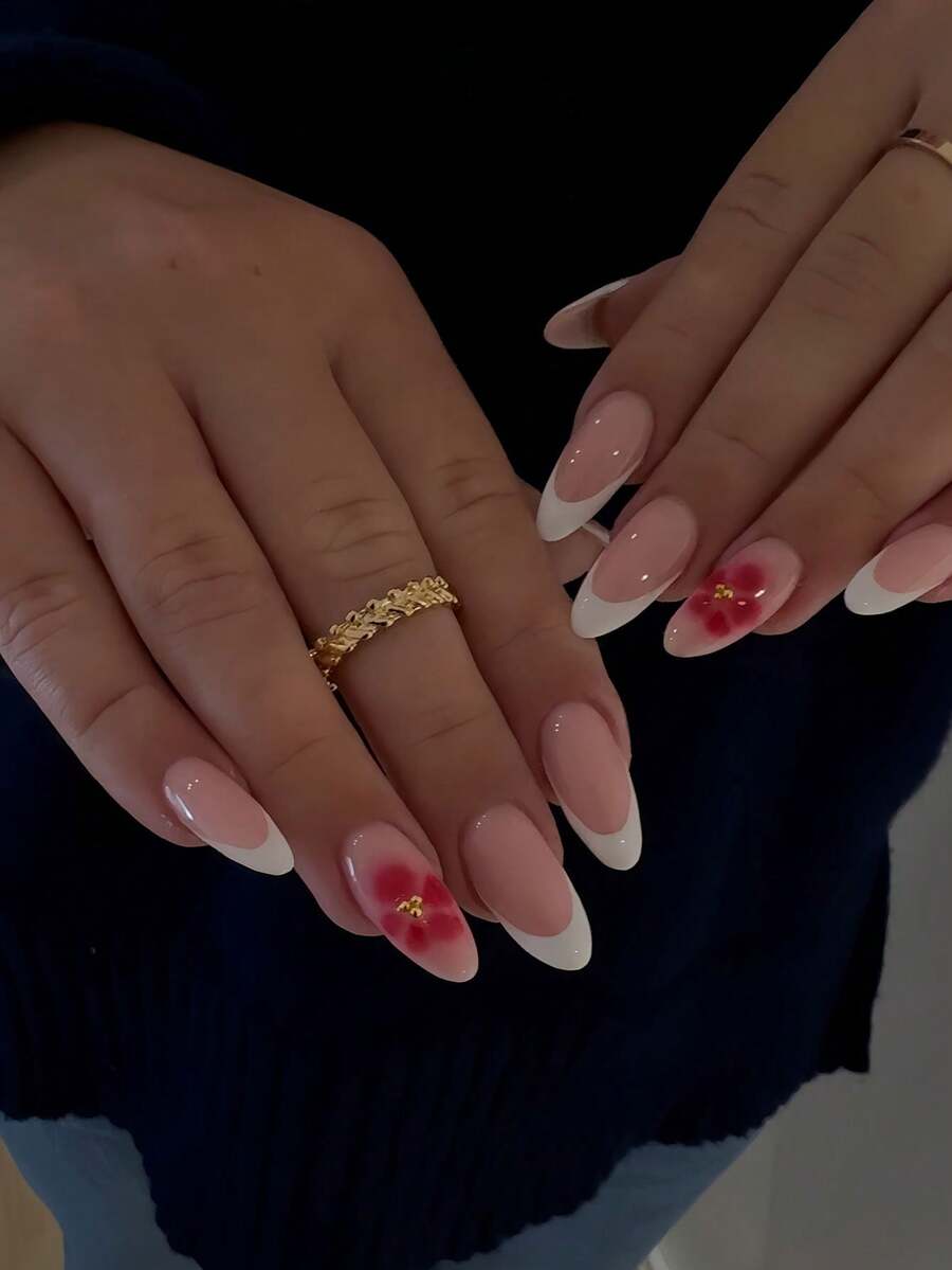 24片杏仁形粉色花朵美甲贴纸，带金属珠，白色法式尖头设计，适用于亚克力指甲。套装包含：1瓶果冻胶和1把指甲锉。花卉法式美甲，适合夏季、日常工作、节日和派对等场合，女性适用。 - 彩色 - 查看 1