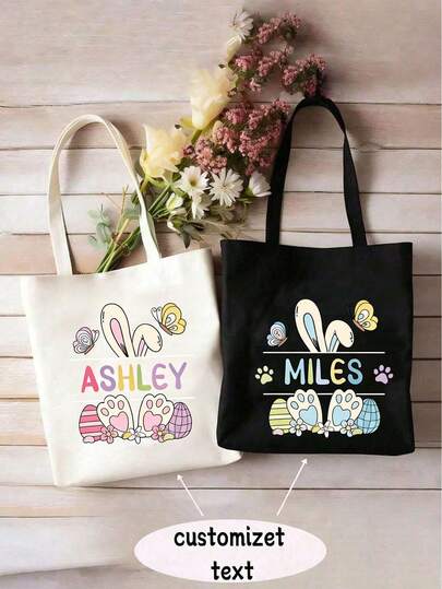 Custom Easter Tote Bag With Name, Personalized Easter Egg Hunt Sack, Reusable Easter Basket Alternative Bag, Cute Bunny & Easter Egg Design, Large Capacity Easter Candy Gift Bag, Personalized Easter Gift Tote, Easter Party Favor Bag, Lightweight Washable Shopping Tote, Reusable Fabric Bag, Family Easter Egg Hunt Essential