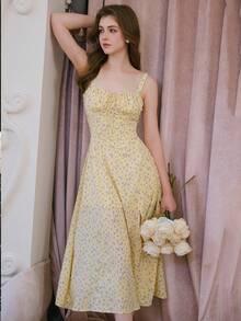 Women's Elegant Small Floral Print Slit Strap Dress, Summer - Yellow - View 4