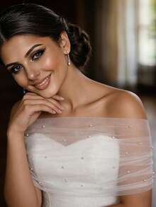 1件女士无肩带披肩，珍珠串珠雪纺短披肩，连衣裙外套 - 乳白色 - 查看 6