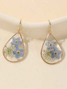 1pair Teardrop Shape Resin & Dried Flower Earrings With Glue Surface, Suitable For Women's Daily Wear,Natural Dried Flowers, Random Shapes And Colors Valentines,Mom,Mother,Mother's Day,Gift - 粉色 - 查看 4