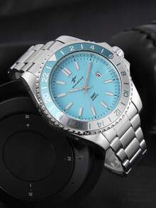 RICECGO 1pc Men's Business Quartz Watch, Featuring Dual-Tone Bezel And Classic Stainless Steel Strap, Suitable For Business And Daily Wear - Silver - View 6