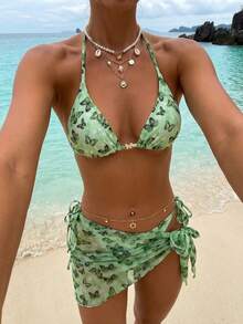 蝴蝶印花可爱系带露背沙滩泳衣套装，适合度假夏季穿着 - 綠色 - 查看 1