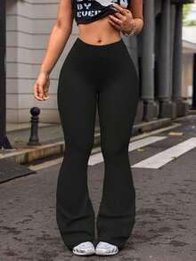 Plus Size Women's High Waist Solid Color Bell Bottom Sports Yoga Pants Compression Tights Running Workout Bottoms - Dark Brown - View 8