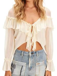 Women's Long Sleeve Blouse Front Tie Bow Casual Loose Fit Stylish Solid Color Sheer Ruffled V Neck Tops For Spring/Summer - Beige - View 7