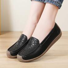 女士黑色花卉装饰乐福鞋，优雅正式，舒适软底平底鞋。手工缝制女士乐福鞋 - 黑色 - 查看 3