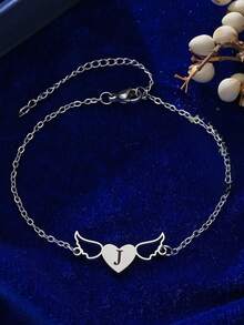 Personalized Letter Heart Bracelet With Angel Wings, Unique Commemorative Letter Jewelry Can Be Inlaid With Birthstone - Multicolor - View 3