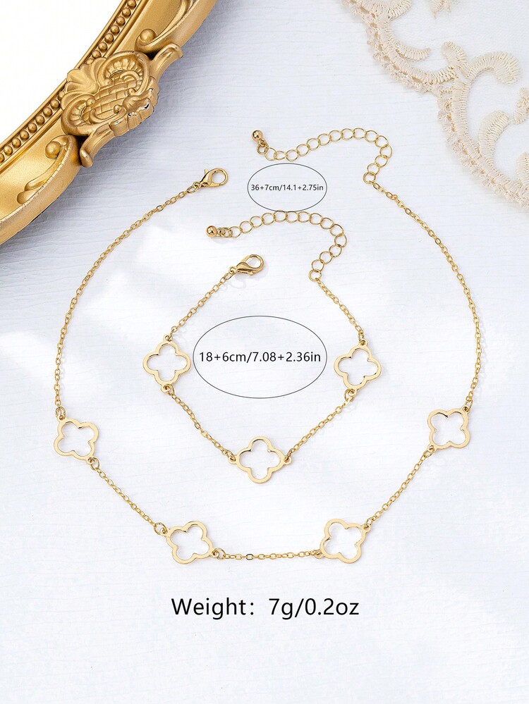 2pcs/Set Gold-Plated Hollow Clover Jewelry Set, Minimalist Floral Necklace And Bracelet, Unique Fresh Accessories For Women - Yellow Gold - View 3