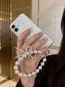 奢华炫彩贝壳纹理手机壳 + 仿珍珠蝴蝶结挂绳，兼容苹果 17、17 Pro、17 Pro Max、16 Pro Max、16 Pro、16、11、12、13、14、15、12 Pro Max、13 Pro Max、14 Pro Max、15 Pro Max，苹果手机保护壳 - 白色 - 查看 5