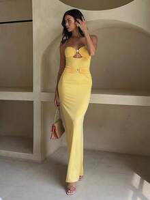 Women's Yellow Elegant Strapless Ruched Bodycon Maxi Dress, 2026 New Spring Summer Sexy Cutout Gold Hardware Detail Gown, Luxury Vacation Party Outfit For Wedding Guest, Holiday, Graduation, Beach & Going Out Occasions - Yellow - View 9