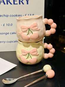 2026ins Girl Style Cream Ceramic Water Cup, Gentle Color Palette, 3D Embossed Cherry And Bow Design On Cup Body, Cloud Beaded Handle, Wavy Rim, Creative Artistic Design With Atmospheric Vibe, Matching Exquisite Ceramic Spoon From The Same Series, Higher Aesthetic Value As A Set. Ceramic, Heat-Resistant, Smooth Glazed Surface, Easy To Clean - Multicolor - View 7