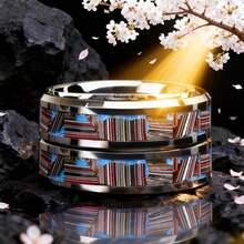 时尚8毫米银色陶瓷316L不锈钢戒指，男女通用，镶嵌合成蓝色蛋白石，发光戒指，舒适贴合，珠宝礼品 - 銀色陶瓷不銹鋼 - 查看 5