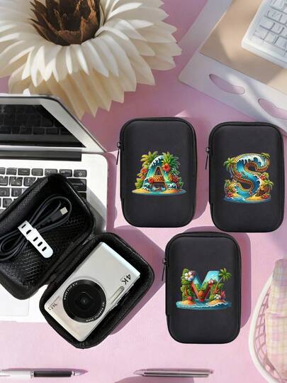 Borsa portatile mini di archiviazione con motivo di elementi della foresta pluviale tropicale, dalla A alla Z, impermeabile e anti-caduta, adatta per conservare fotocamera, cavi dati, auricolari, caricabatterie per telefono e altri prodotti digitali. Borsa con cerniera, portafoglio, cavi dati, dispositivi elettronici, auricolari senza fili Bluetooth, cuffie, adatta per business, viaggi, scuola, università, ufficio.