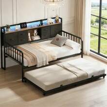 Litera Individual Con Cama Extra Con Cabecera + Enchufe, no Necesita somier, fácil Montaje - Negro - Ver 1