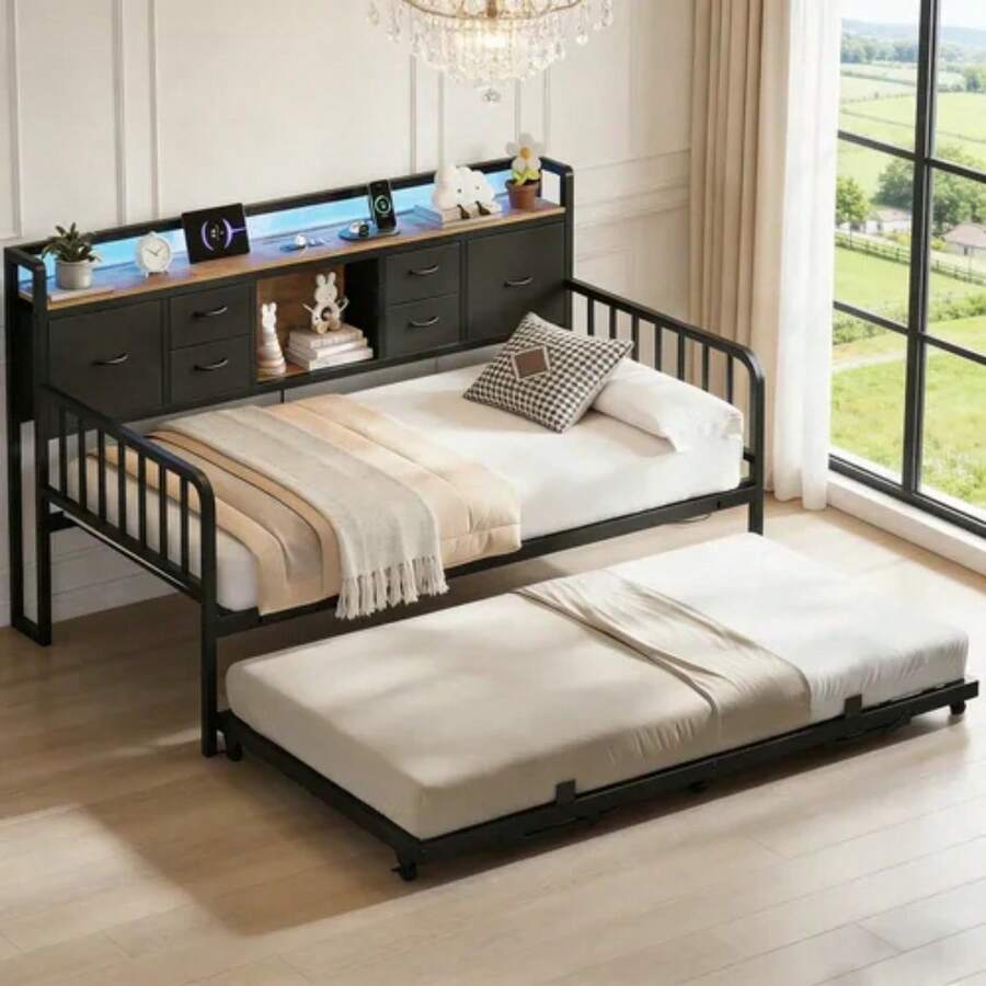 Litera Individual Con Cama Extra Con Cabecera + Enchufe, no Necesita somier, fácil Montaje - Negro - Ver 1