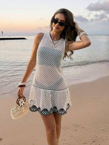 Vestido de playa informal con cuello redondo, recorte calado y dobladillo con volantes, para vacaciones - Albaricoque - Ver 4