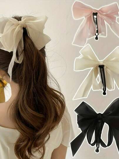 3pcs Set Fashionable Elegant Bow Net Hair Clips, Soft Non-Slip Vertical Clips Suitable For Ponytails, Perfect Daily Hair Accessory For Women, Colors: White | Pink | Black, Hair Claws, Hair Slide, Hair Barrettes