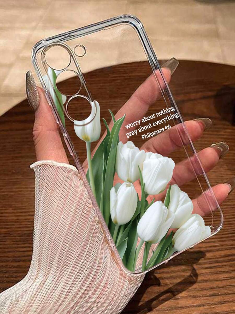 Minimalist White Floral Fashion Shockproof Tulip Painted Transparent Creative Phone Case Compatible With IPhone 17/17 Pro/17 Pro Max, 16/11/16 Pro/16 Plus/16 Pro Max/16e, 15 Pro Max, 13/14/12/XS/XR/7G/8P, Galaxy S25/S25 Plus/S25 Ultra, A16/A36/A26/A56/A50/A12/A32,International Version, Not The Domestic Version Spring Anniversary Gift - Multicolor - View 1