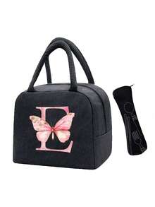 Pink Butterfly & Letter Pattern Insulated Lunch Bag, Thermal Lunch Box, Suitable For Students, Office, Camping, Picnic, School, University, Lightweight Portable Canvas Lunch Storage Bag - Multicolor - View 14