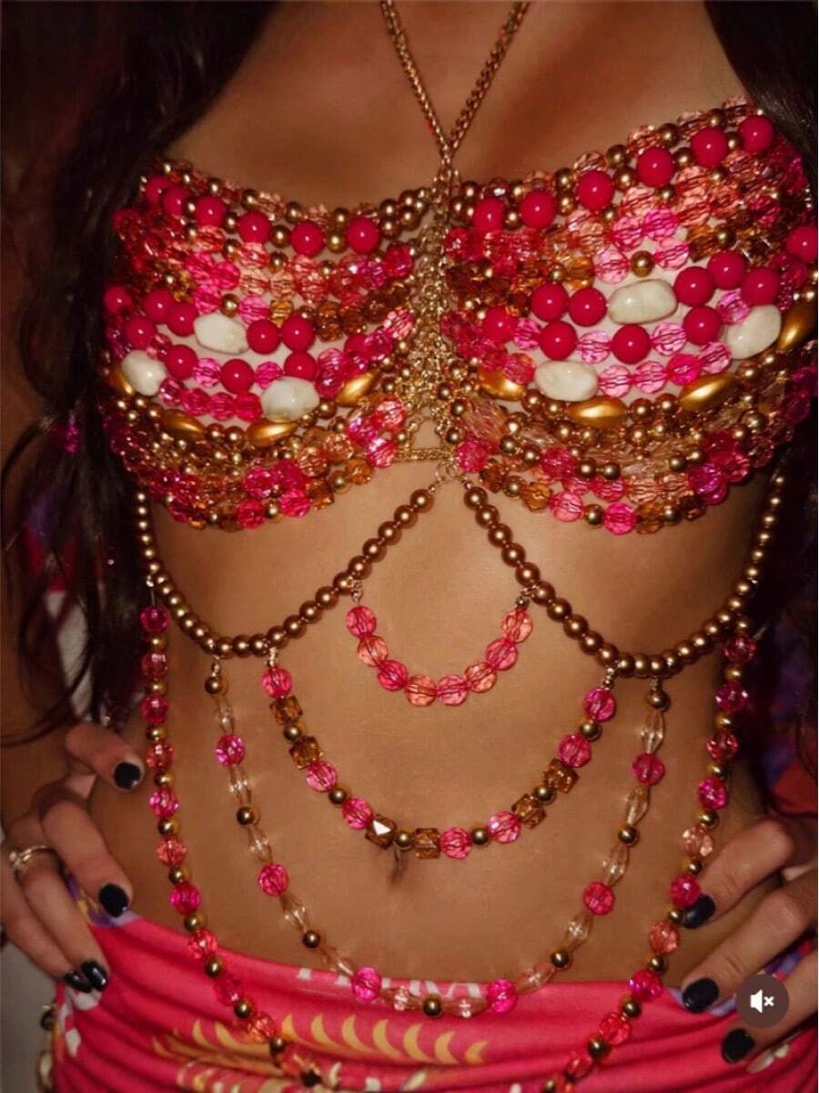 Glossmoon European And American Women's Fashion Acrylic Beaded Halter Neck Versatile Hollow Body Chain Niche Bra Sexy Colorful Beaded Tube Top Bikini Jewelry Beachwear Nightclub Outfit - Màu Hồng Tươi - Xem 1