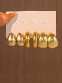 Juego de 6-12 piezas de pendientes de gota y en forma de C de moda, ligeros, pendientes gruesos con textura en forma de aro C, adecuados para uso diario de mujeres, regalo para días festivos - oro+plata - Ver 4