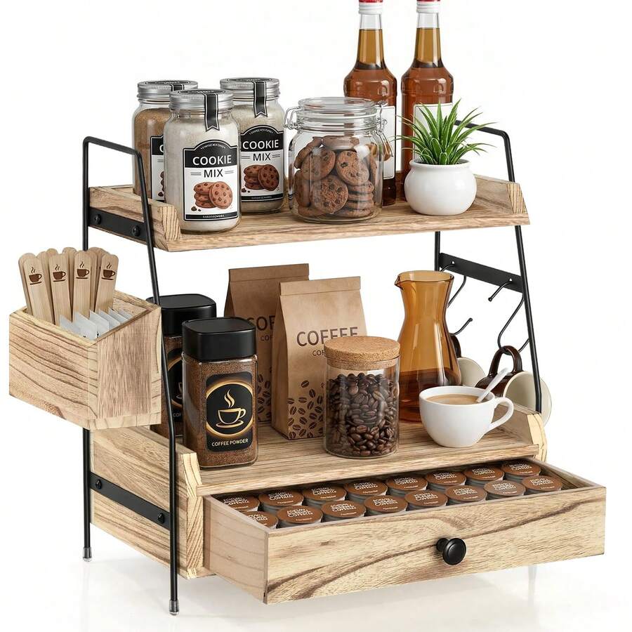 Coffee Bar Accessories And Organizer Countertop, Coffee Station Organizer Kitchen Counter Shelf Organizer,Coffee Condiment Storage,Cup Lid Holder Countertop Shelf For Bathroom - Apricot - View 1