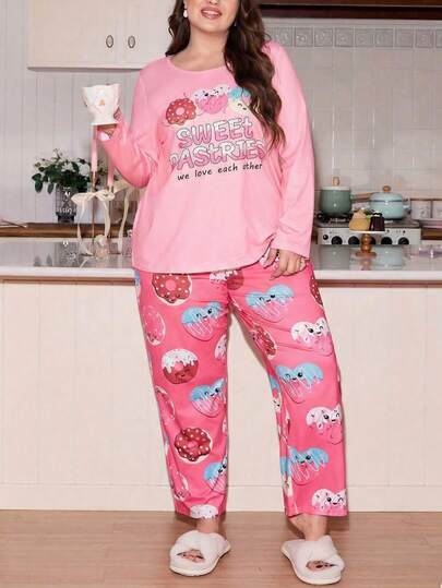 Plus Size Donut Print Long Sleeve & Long Pants Pajama Set