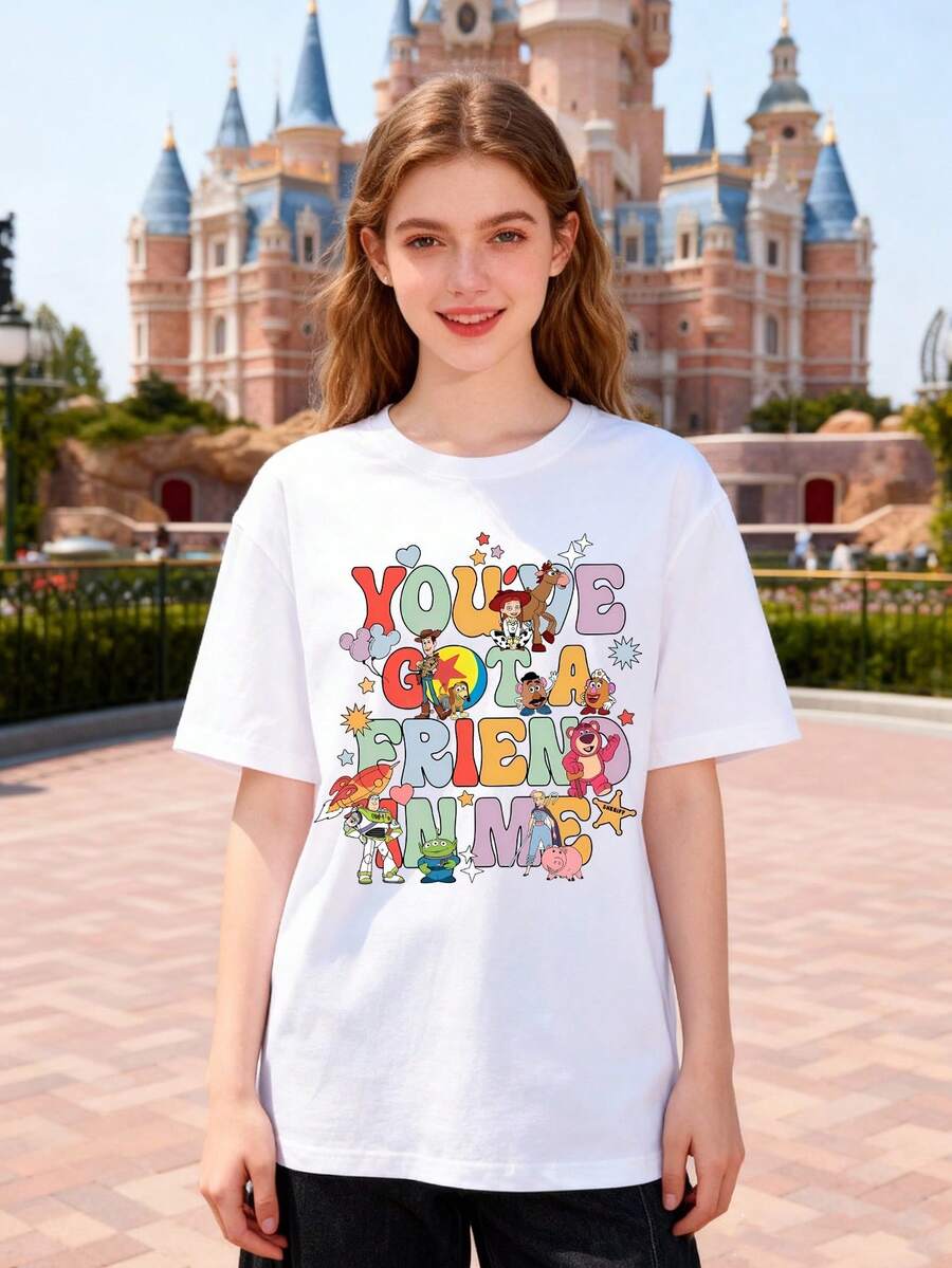 Disney Women's T-Shirt Featuring A Creative Toy Story Alphabet Cartoon Print Design Spring/Summer Women's Crew Neck T-Shirt Soft And Comfortable 100% Cotton Fabric A Stylish Disney Women's Graphic Tee Perfect For Everyday Wear, Outings, Travel, And Leisure Also Makes An Exquisite Gift - Blanc - Voir 1