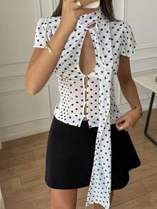 波点印花雪纺衬衫，法式优雅花瓣袖休闲衬衫 - 白色 - 查看 7