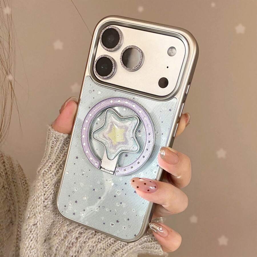 GUCADI 银边磁吸镀金蓝星+蓝莓星磁吸手机壳，兼容苹果，适用于 17pm、15 磁吸支架、16 Pro 镀金、14 清新蓝，时尚、独特、创意、简约、清新、小众、奢华、ins 风格。