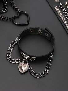 黑色心形项链铆钉手链哥特风尖刺耳环哥特朋克颓废Emo皮革首饰套装男女款 - 黑色 - 查看 2