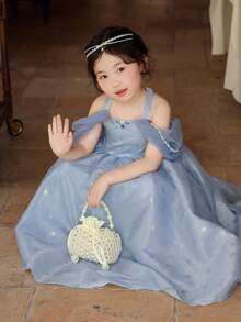 1 pieza Bolso de mano lindo con cordón de cierre de perlas para niñas, bolso cruzado con cuentas blancas, adecuado para primavera/verano - Blanco - Ver 3