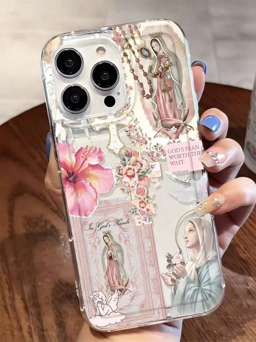 1个独特的十字架和圣母玛利亚图案透明TPU手机壳，具有防震防指纹功能，兼容 16 Pro/16 Plus、15/15 Pro Max/15 Pro、11/12/13/14 Pro Max、11 Pro/11 Pro Max、12 Pro/12 Pro Max、13 Pro/13 Pro Max、14 Pro/14 Pro Max及系列，软壳设计，时尚创意 - 彩色 - 查看 1